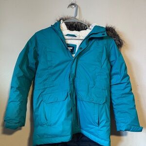 Lands' End Teal Hooded Jacket with Faux Fur